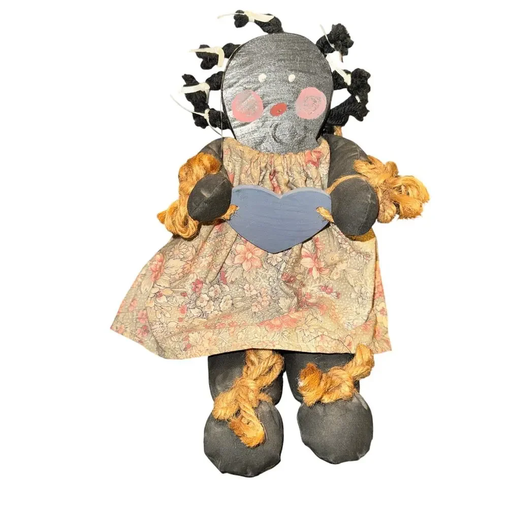 Vtg Wooden Doll Hand Made Americana African American Holding Heart Soft Legs